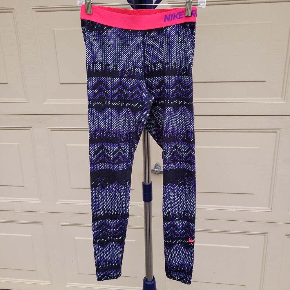 Nike Pro Dri-Fit Purple Geometric Print Pink Waistband Ankle Leggings sz Medium